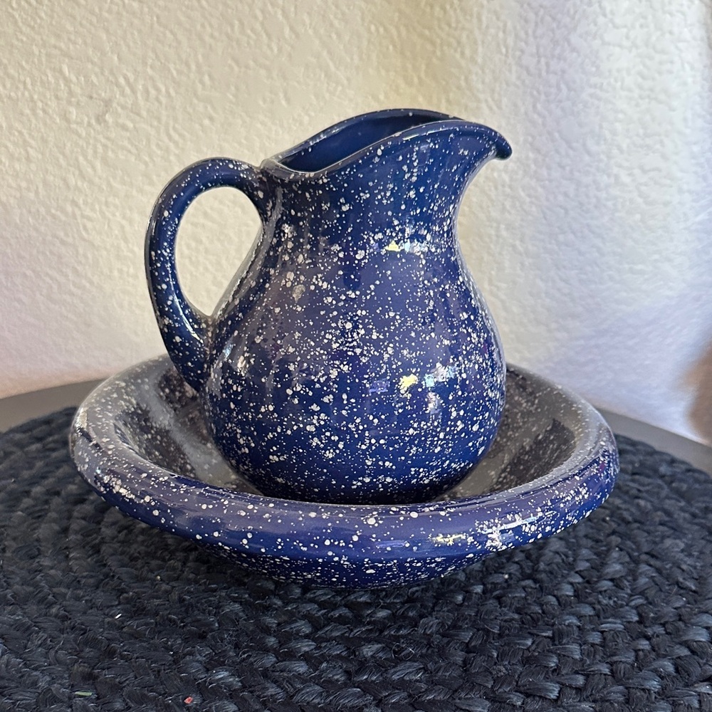 Speckled Blue Ceramic Pitcher and Bowl Set